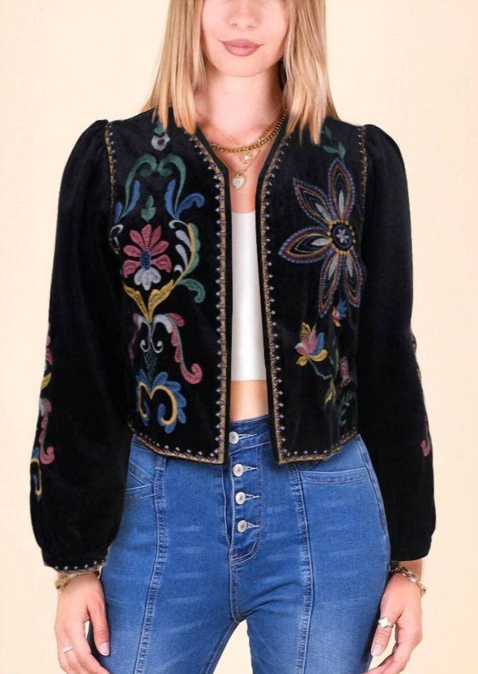 NEW MODENAIRE floral embroidered bolero with trim in black